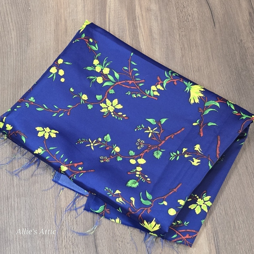 Vintage Fabric Navy Blue Yellow Green Asian Soft Silky Sewing Floral Print 2 Yd